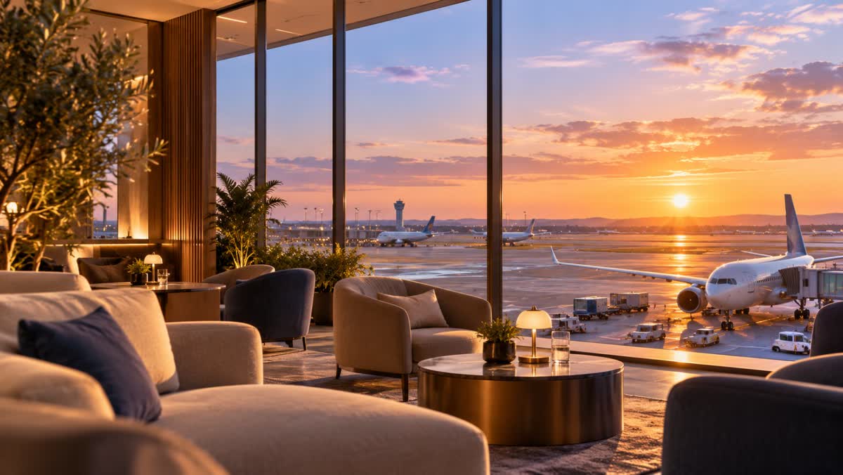 Modern airport lounge overlooking aircraft and airport runways at sunset