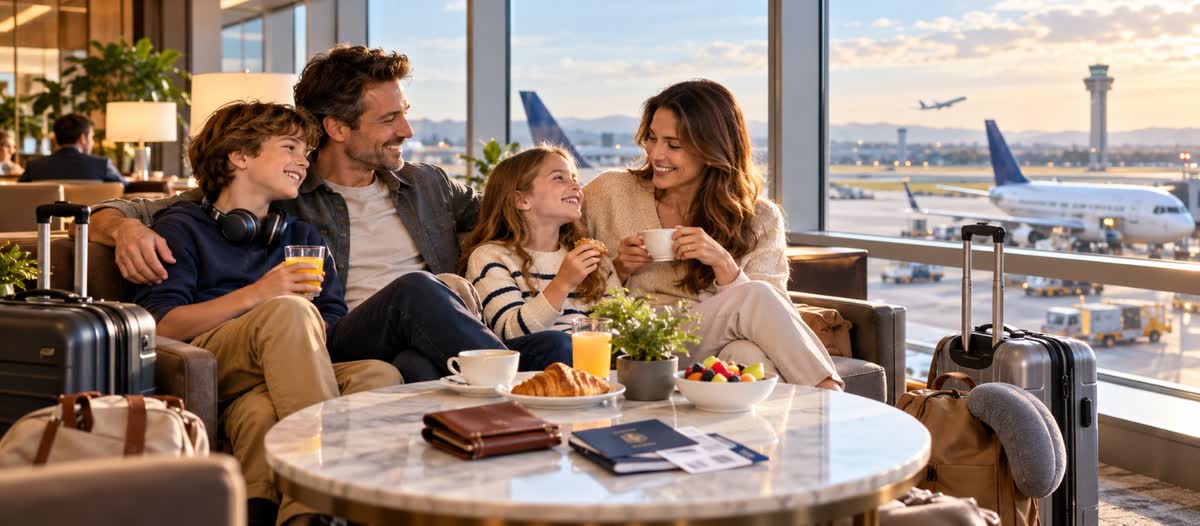 Family relaxing in an airport lounge with food and drinks