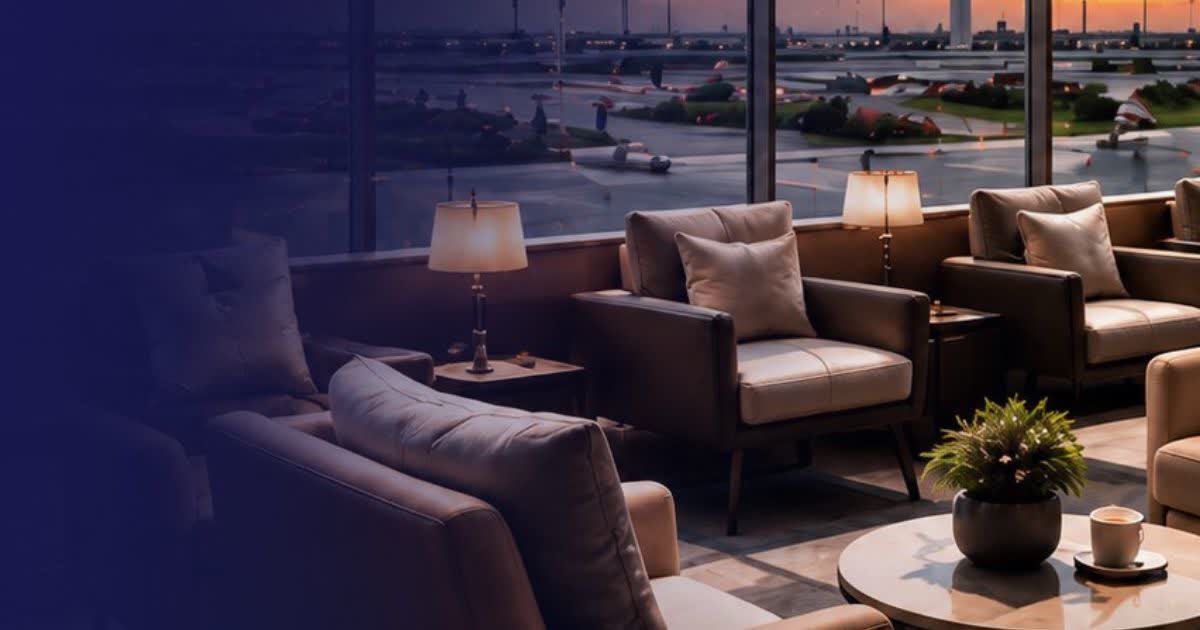 Calm airport lounge with armchairs and evening light