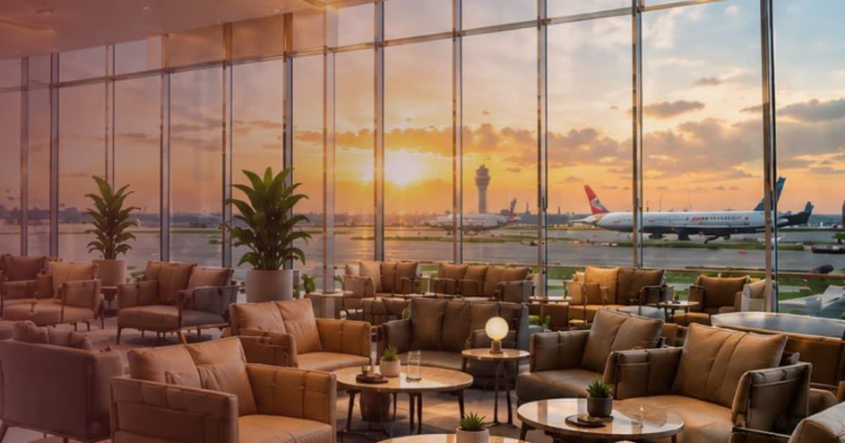 Spacious airport lounge with warm evening light