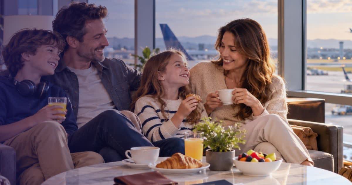 Family relaxing together in an airport lounge with drinks