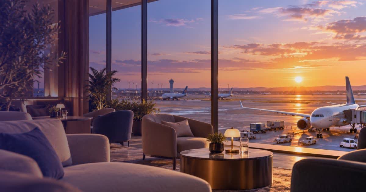 Comfortable airport lounge seating with runway view at sunset
