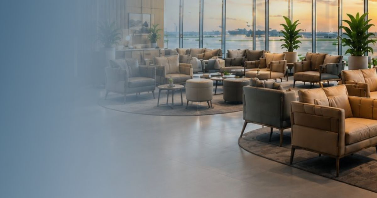 Spacious airport lounge with several seating areas