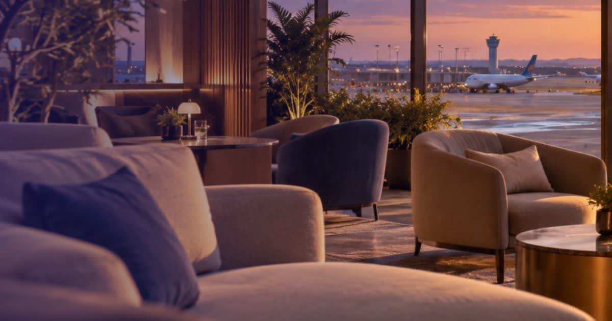 Relaxing airport lounge with soft seating and warm lighting
