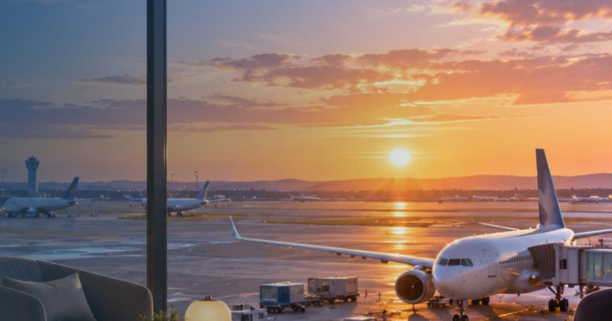Modern airport lounge with large windows and sunset view