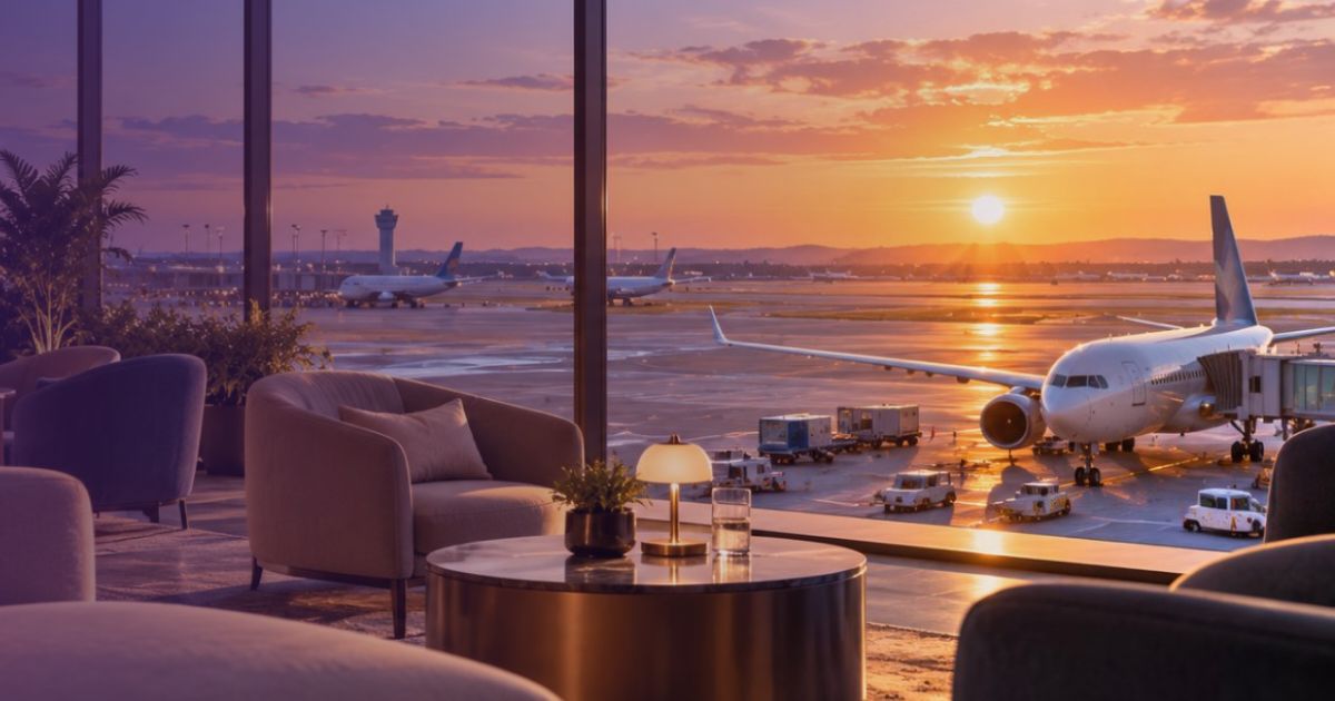 Lounge seating by a window overlooking parked aircraft