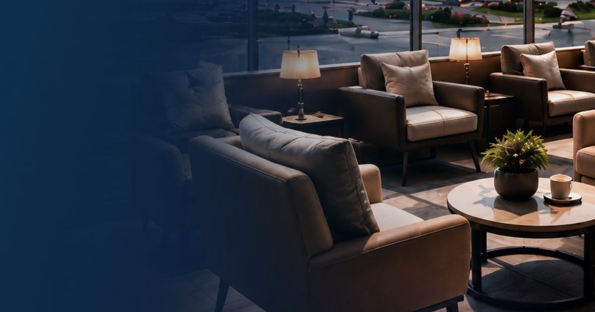 Quiet airport lounge with table lamps and armchairs