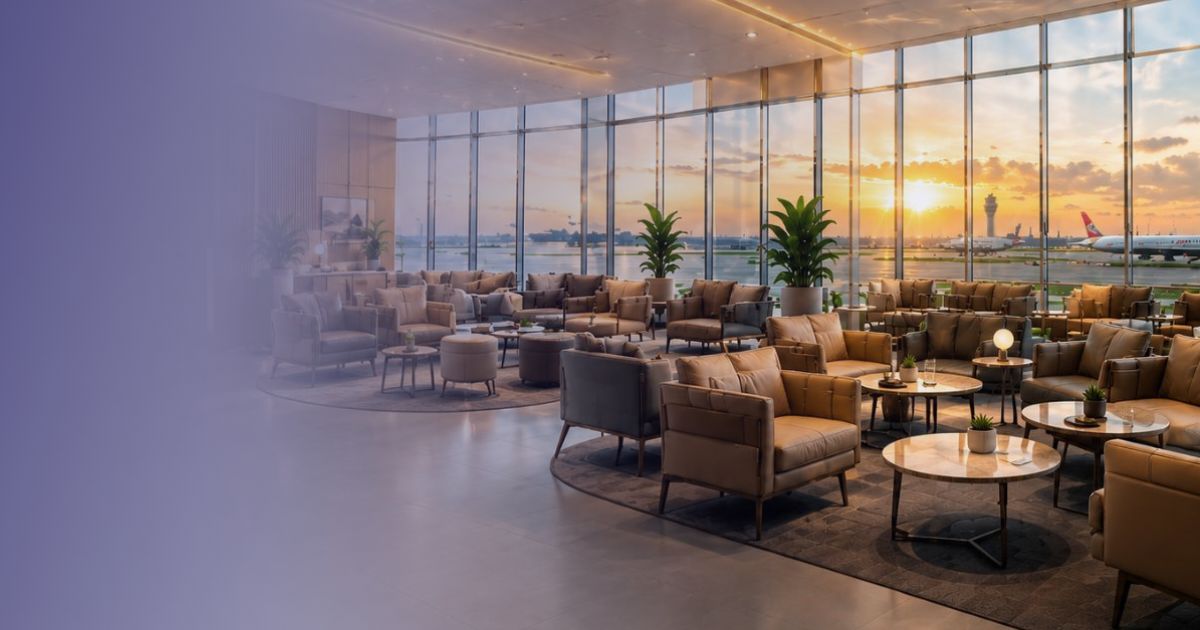 Airport lounge with armchairs and a runway view at sunset